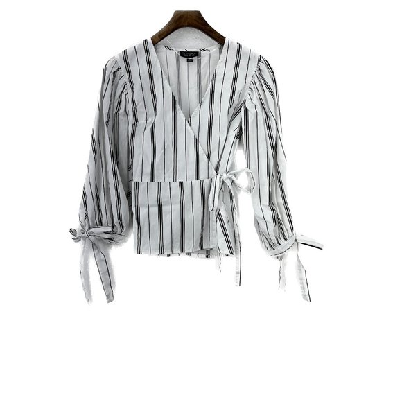 TOPSHOP Stripe Wrap Blouse White Size 2 - Picture 1 of 5